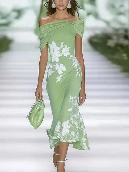 Elegant Floral Midi Dress for Women with Off Shoulder Short Sleeve Ruched Mermaid Hem Style