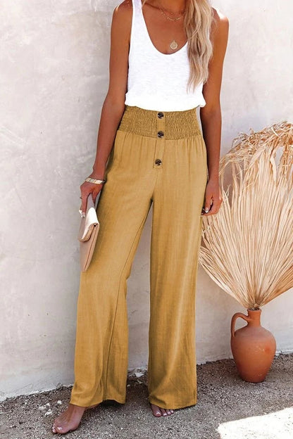 Effortless Wide Leg Pants for Women with High Waist Button Front Smocked Relaxed Style