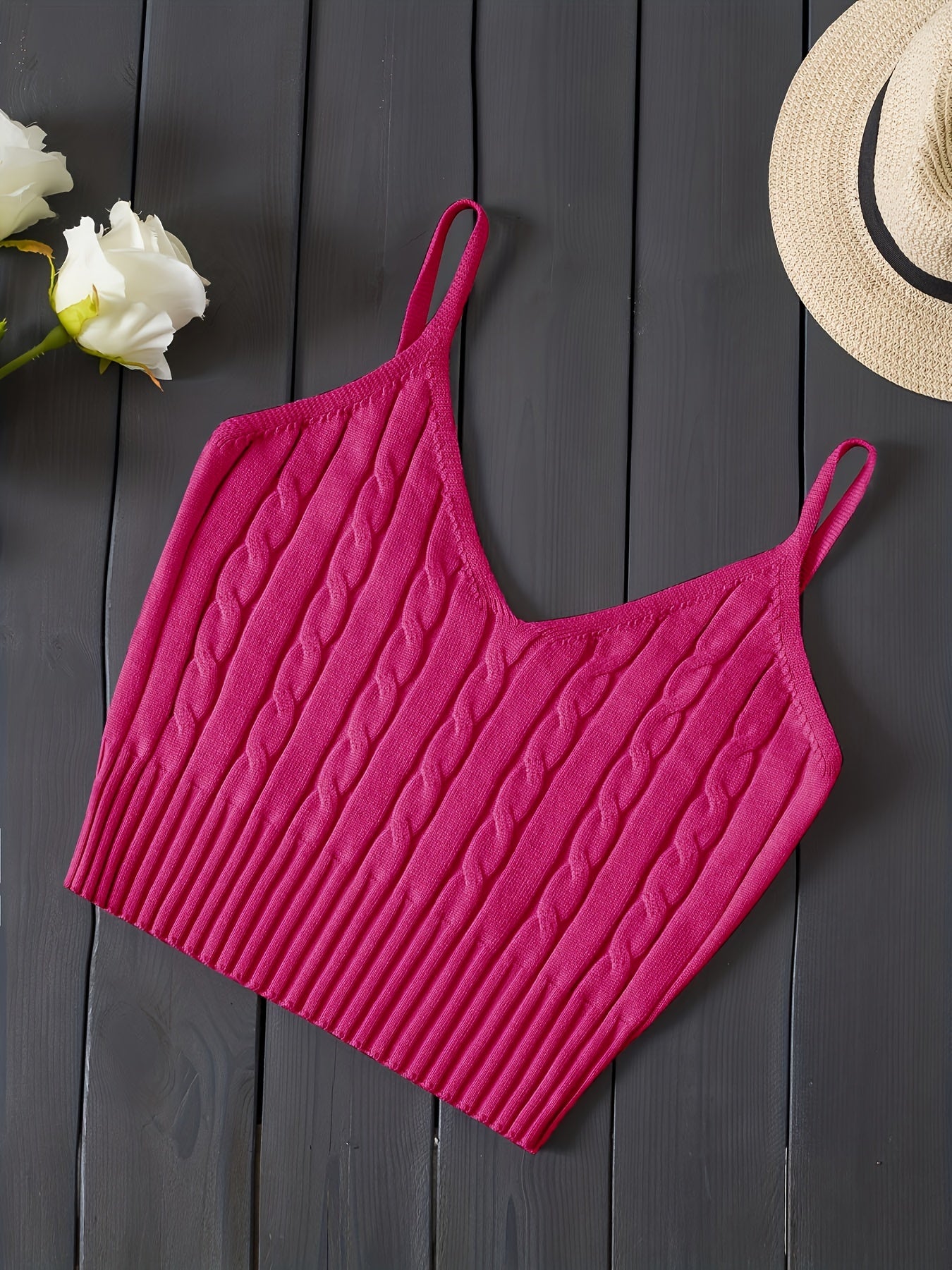 Effortless Cable Knit Tank for Women with V Neck Sleeveless Cropped Ribbed Casual Style