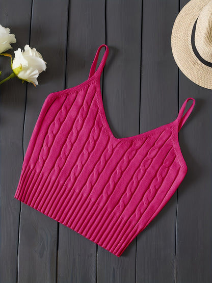Effortless Cable Knit Tank for Women with V Neck Sleeveless Cropped Ribbed Casual Style
