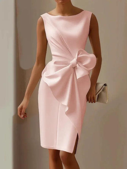 Elegant Satin Midi Dress for Women with Boat Neck Sleeveless Bow Waist Bodycon Cocktail Style