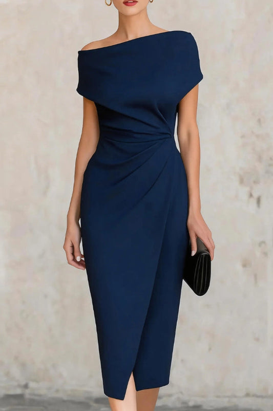 Elegant Draped Midi Sheath Dress for Women with Off Shoulder Cap Sleeve Ruched Wrap Cocktail Style