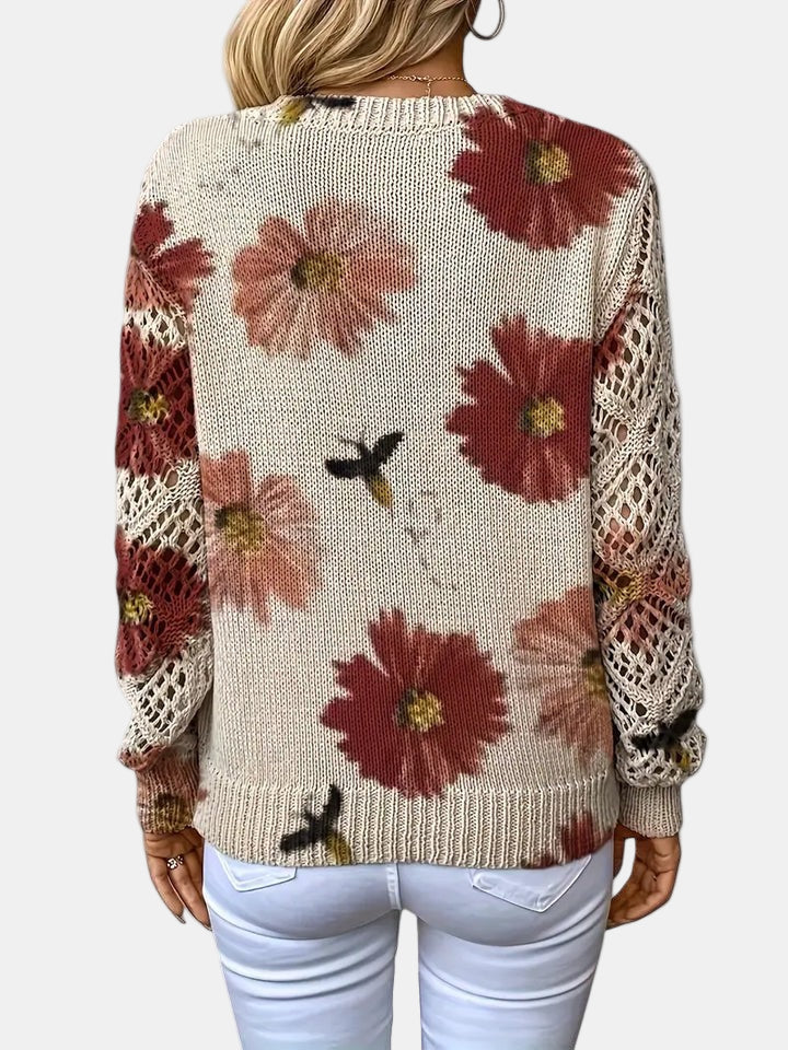 Comfortable Floral Crochet Sweater for Women with V Neck Long Sleeve Relaxed Oversized Knit Style