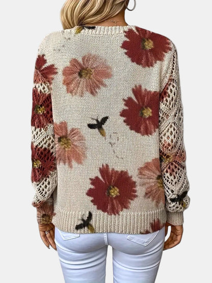 Comfortable Floral Crochet Sweater for Women with V Neck Long Sleeve Relaxed Oversized Knit Style