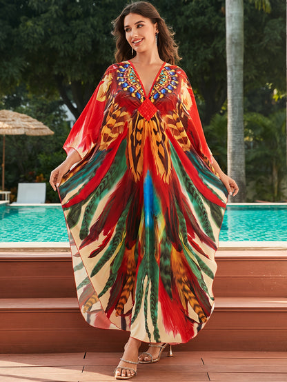 Elegant Multicolor Maxi Dress for Women with Feather Print Kaftan Batwing Sleeve Flowing Style