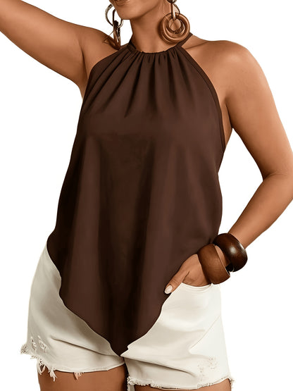 Effortless Colorblock Halter Top for Women with High Neck Sleeveless Pleated Flowing Style