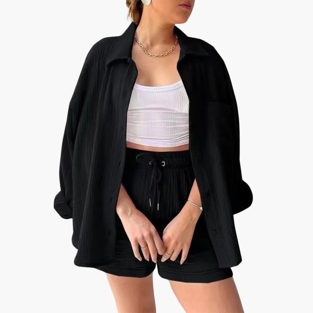 Effortless Textured Cotton Two Piece Set for Women with Collared Long Sleeve Button Front Drawstring Shorts Relaxed Style