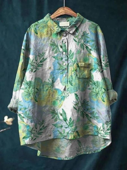Effortless Floral Blouse for Women with Collar Long Sleeve Button Front High Low Hem Relaxed Style