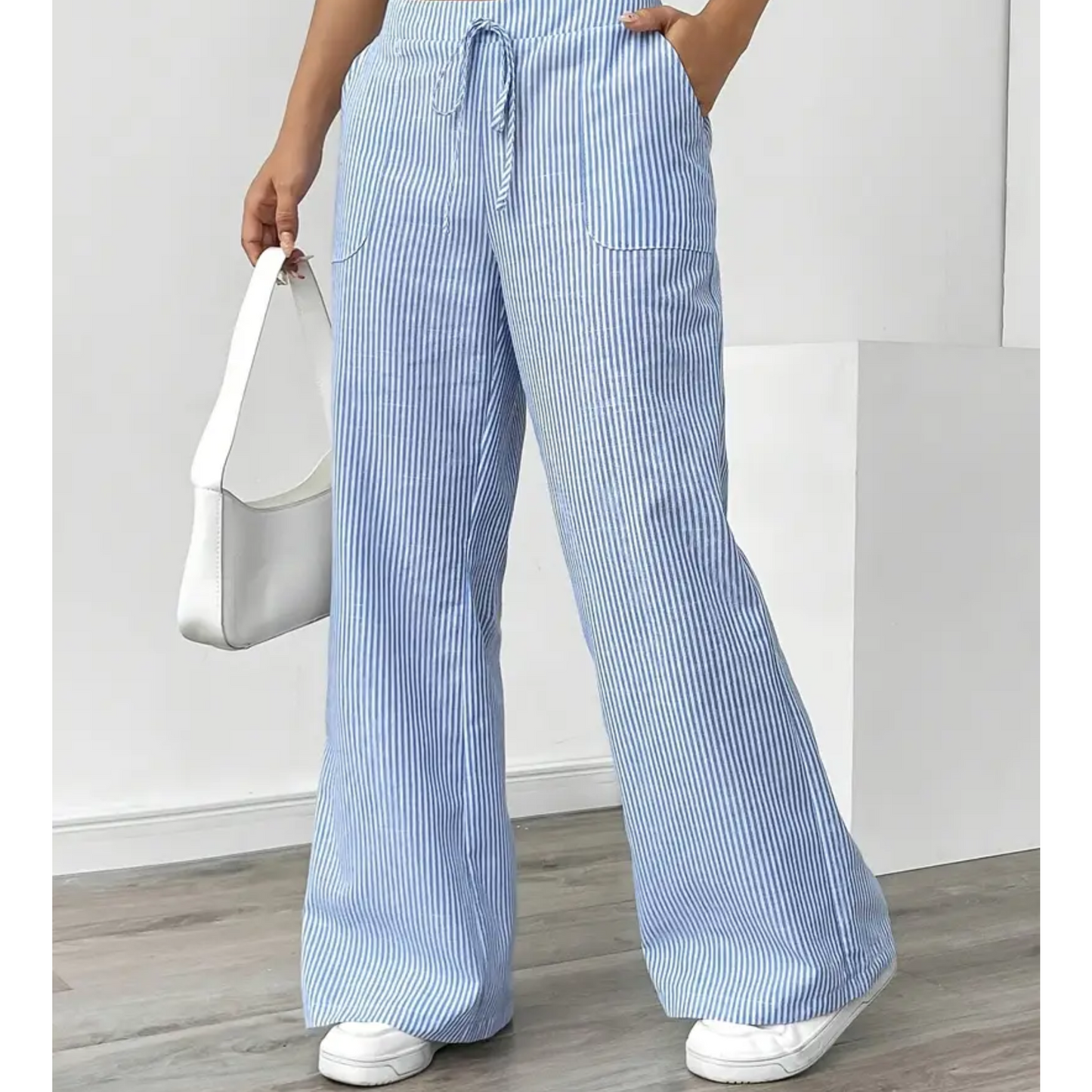 Effortless Striped Linen Wide Leg Pants for Women with High Waist Drawstring Relaxed Flowing Casual Style