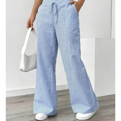 Effortless Striped Linen Wide Leg Pants for Women with High Waist Drawstring Relaxed Flowing Casual Style