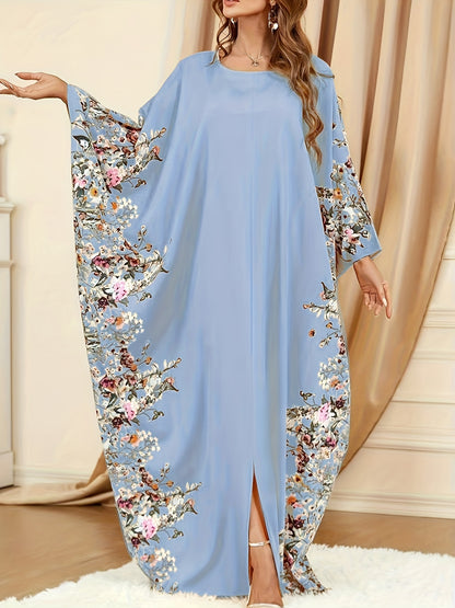 Elegant Floral Print Kaftan Maxi Dress for Women with Round Neck Batwing Sleeve Flowing Style