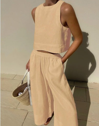 Effortless Linen Wide Leg Set for Women with Square Neck Sleeveless Relaxed Two Piece Style