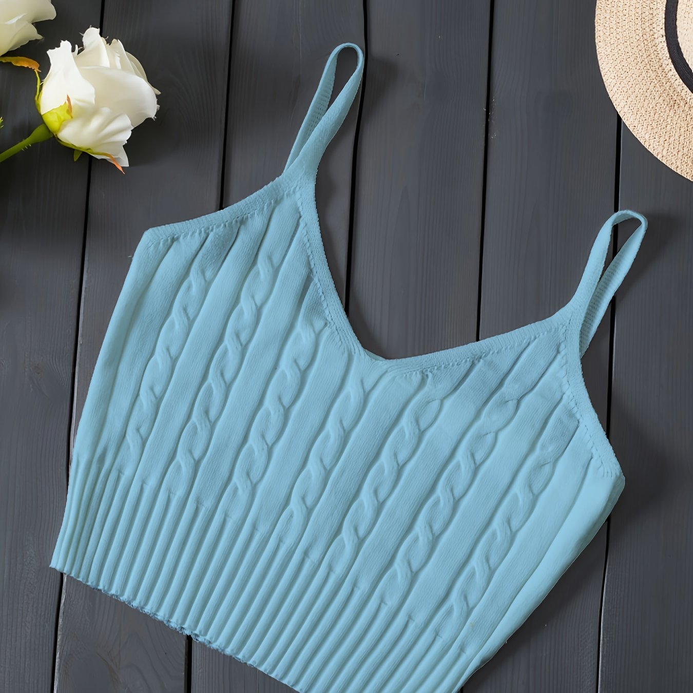 Effortless Cable Knit Tank for Women with V Neck Sleeveless Cropped Ribbed Casual Style