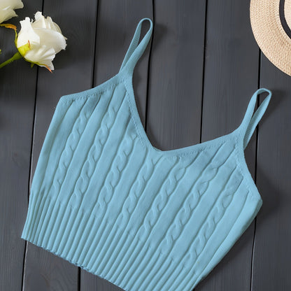 Effortless Cable Knit Tank for Women with V Neck Sleeveless Cropped Ribbed Casual Style