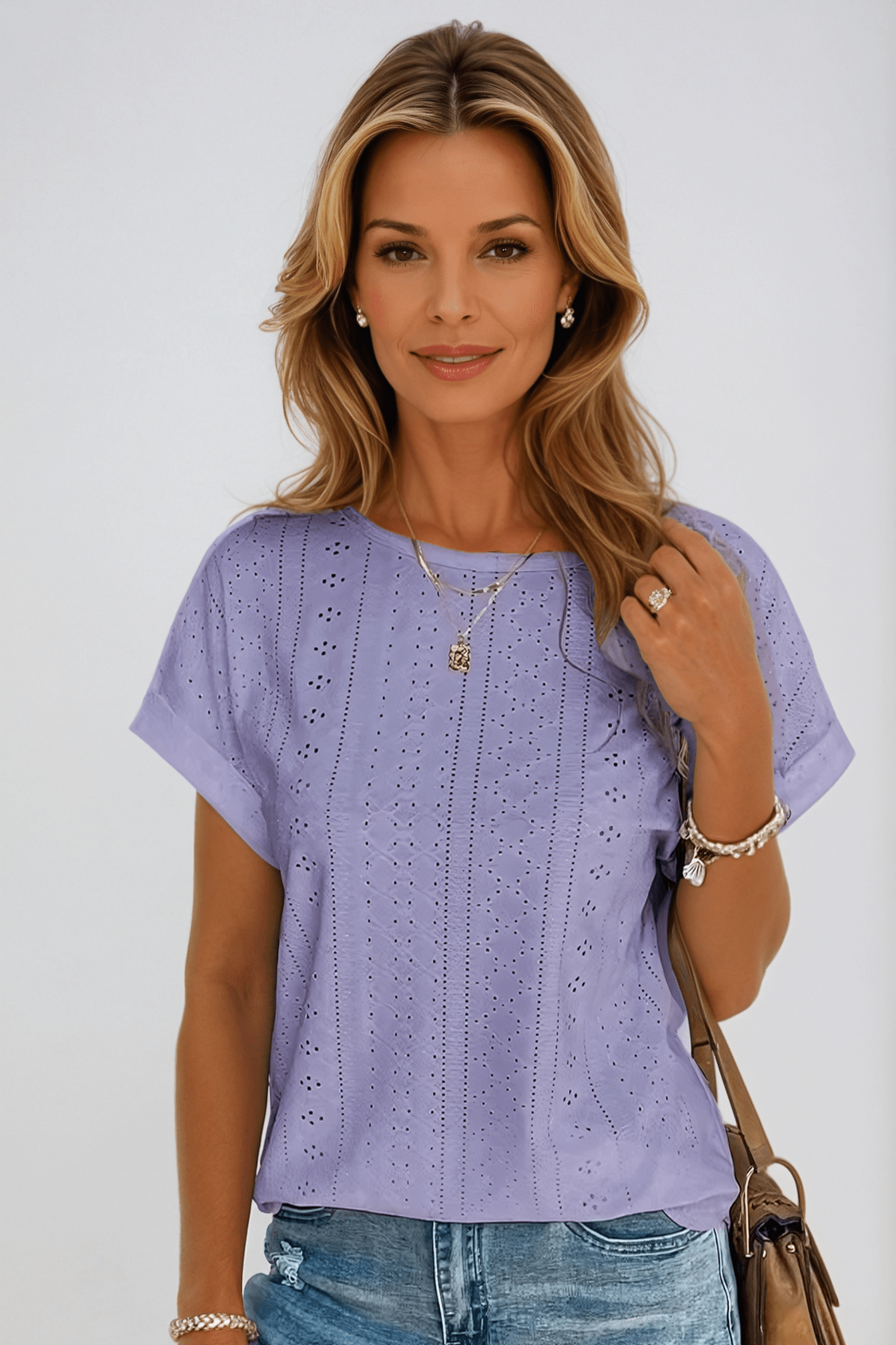 Effortless Eyelet Crochet Blouse for Women with Round Neck Dolman Sleeve Relaxed Boxy Casual Style