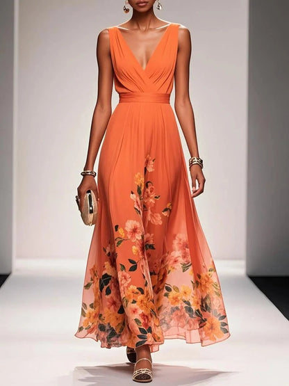 Elegant Floral Maxi Dress for Women with V Neck Sleeveless Pleated Waist Flowing Wedding Guest Style