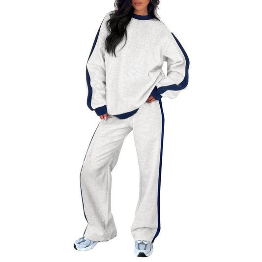 Effortless Colorblock Sweat Set for Women with Crewneck Long Sleeve Wide Leg Relaxed Style
