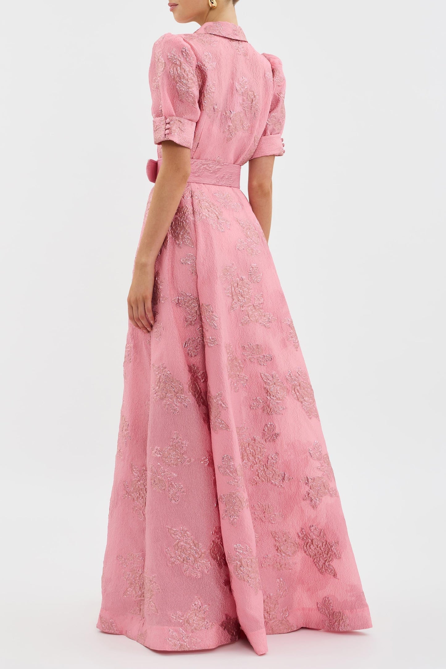 Elegant Pink Jacquard Maxi Dress for Women with Collar Puff Sleeve Belted A Line Formal Wedding Guest Style
