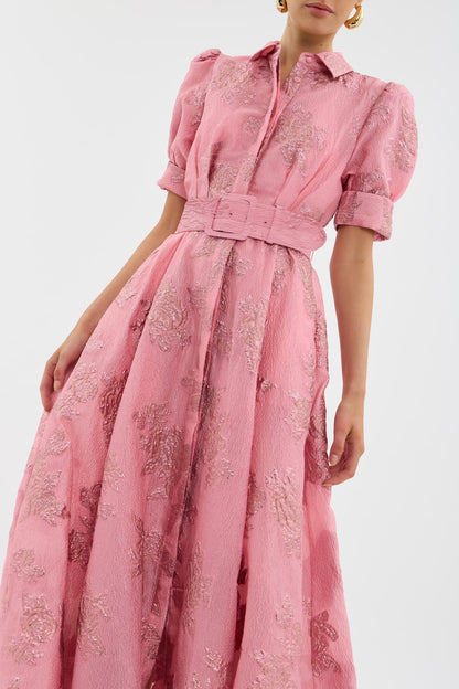 Elegant Pink Jacquard Maxi Dress for Women with Collar Puff Sleeve Belted A Line Formal Wedding Guest Style