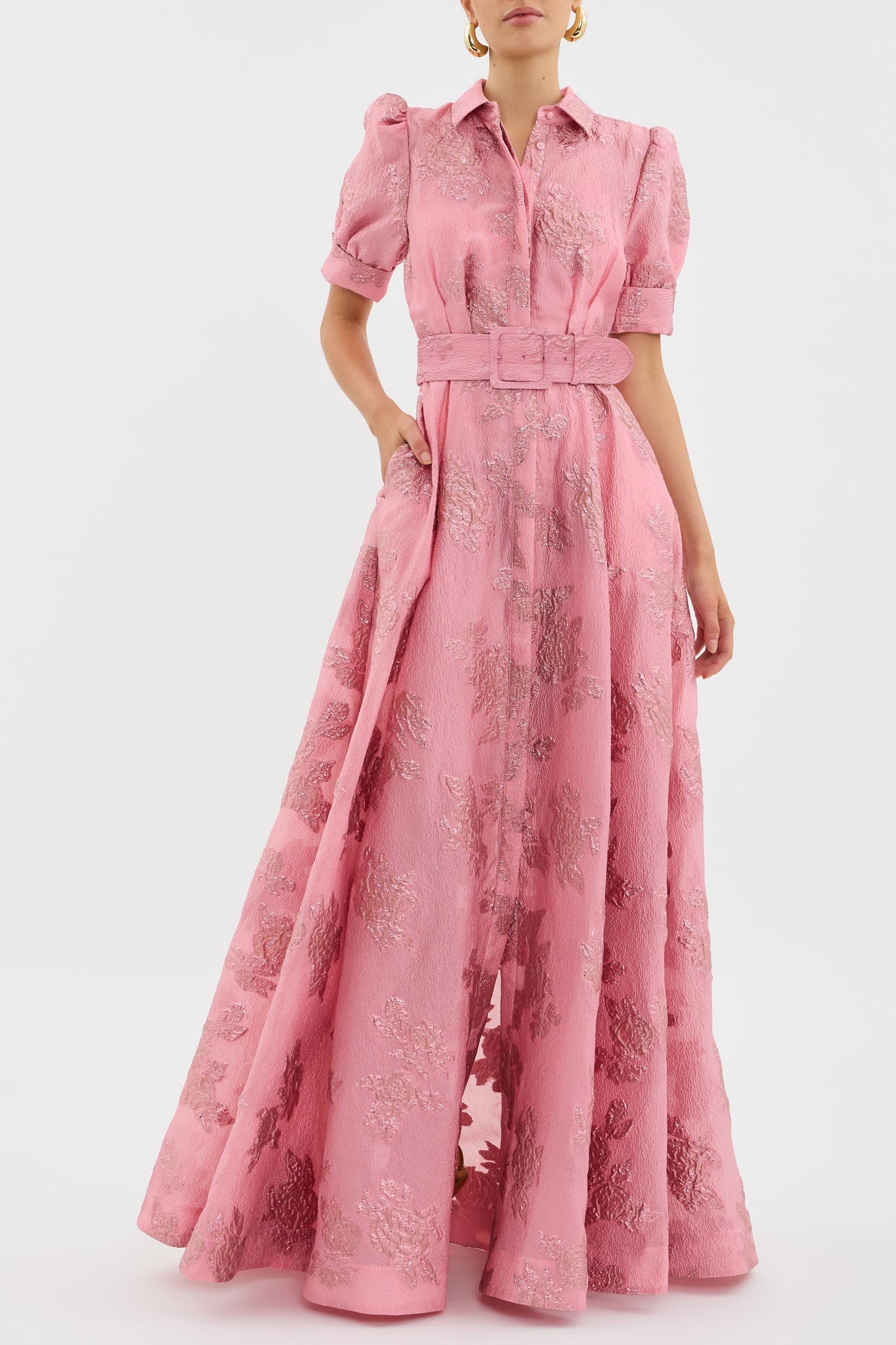 Elegant Pink Jacquard Maxi Dress for Women with Collar Puff Sleeve Belted A Line Formal Wedding Guest Style