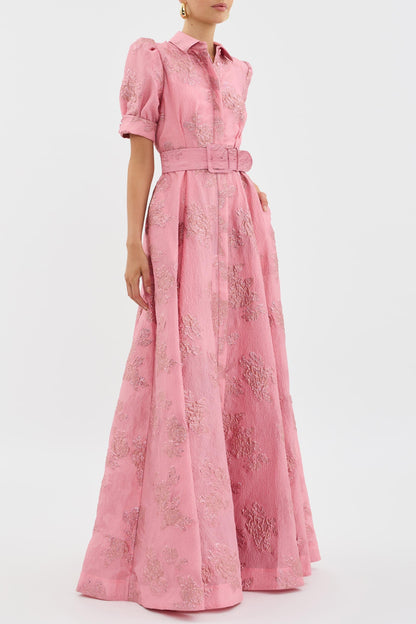 Elegant Pink Jacquard Maxi Dress for Women with Collar Puff Sleeve Belted A Line Formal Wedding Guest Style