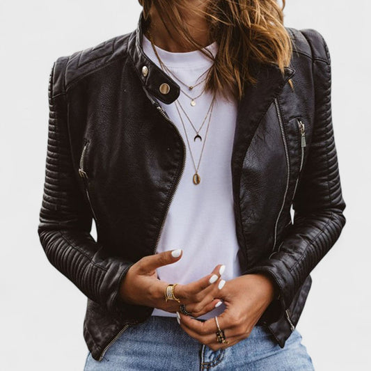 Elegant Black Leather Jacket for Women with Stand Collar Long Sleeve Quilted Moto Style