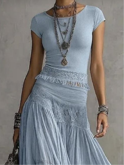 Effortless Blue Lace Maxi Skirt Set for Women with Round Neck Cap Sleeve Tiered Ruffle Boho Style