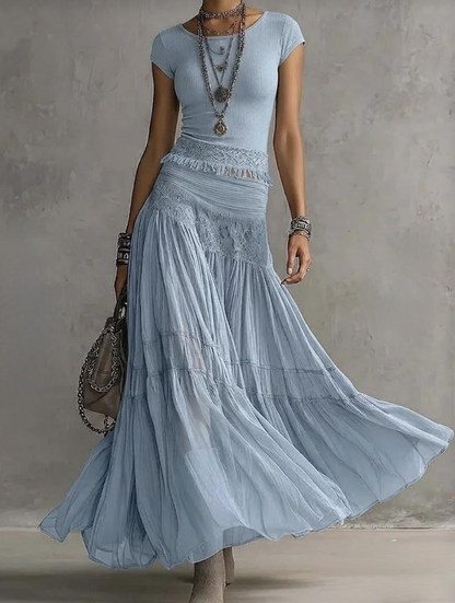 Effortless Blue Lace Maxi Skirt Set for Women with Round Neck Cap Sleeve Tiered Ruffle Boho Style