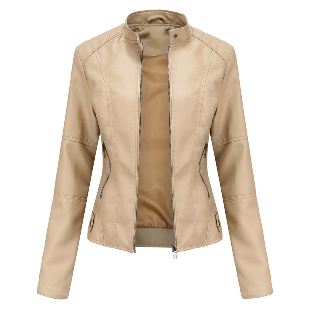 Elegant Faux Leather Moto Jacket for Women with Stand Collar Long Sleeve Zip Front Cropped Style