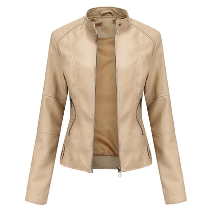 Elegant Faux Leather Moto Jacket for Women with Stand Collar Long Sleeve Zip Front Cropped Style