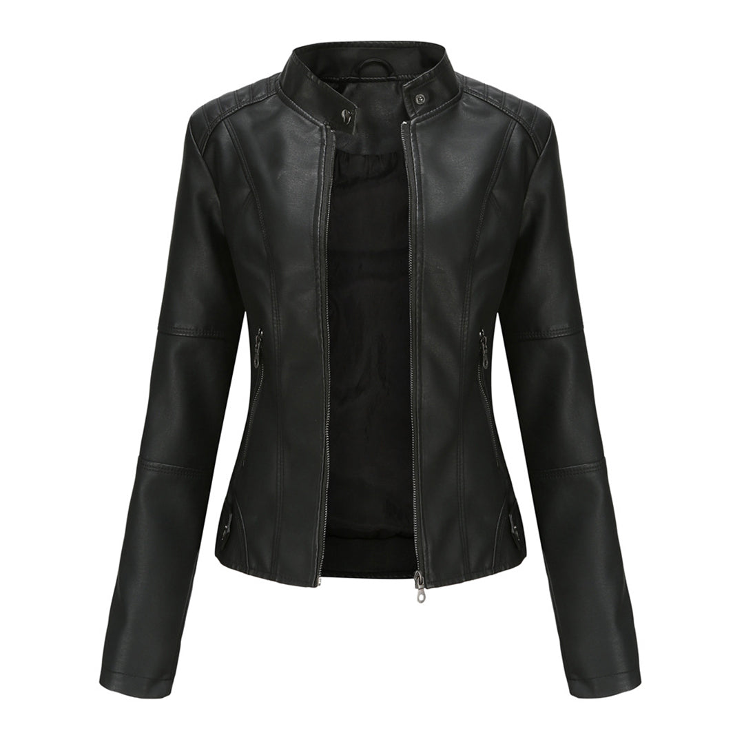 Elegant Faux Leather Moto Jacket for Women with Stand Collar Long Sleeve Zip Front Cropped Style