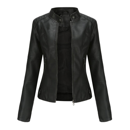 Elegant Faux Leather Moto Jacket for Women with Stand Collar Long Sleeve Zip Front Cropped Style