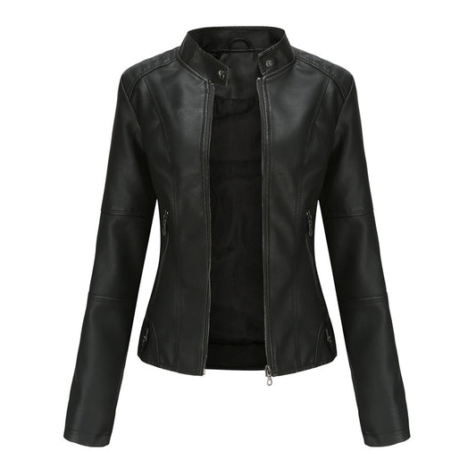 Elegant Faux Leather Moto Jacket for Women with Stand Collar Long Sleeve Zip Front Cropped Style