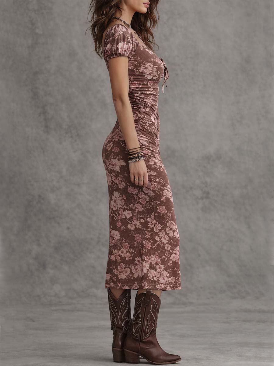 Elegant Pink Brown Floral Midi Dress for Women with Sweetheart Neck Puff Sleeve Ruched Side Slit Bohemian Style