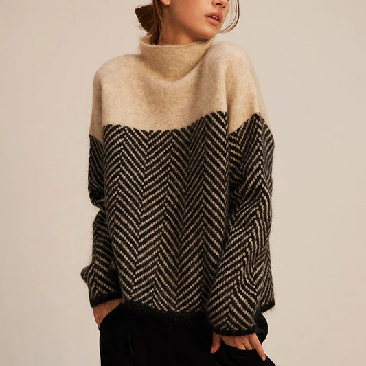 Comfortable Herringbone Colorblock Sweater for Women with Turtleneck Long Sleeve Chevron Print Oversized Knit Style