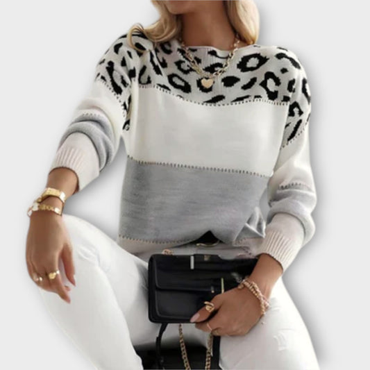 Comfortable Leopard Print Colorblock Sweater for Women with Crew Neck Long Sleeve Relaxed Oversized Knit Style