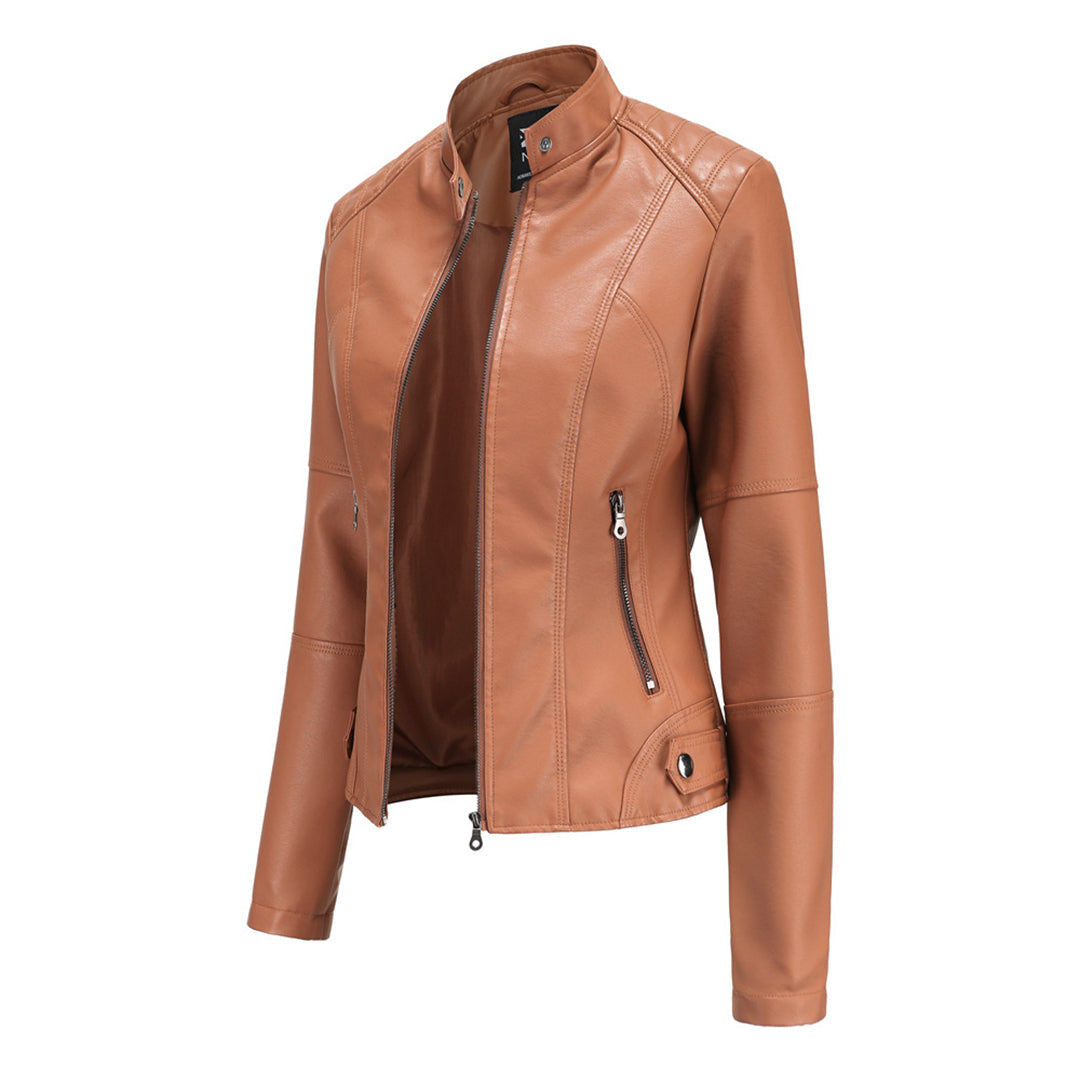 Elegant Faux Leather Moto Jacket for Women with Stand Collar Long Sleeve Zip Front Cropped Style