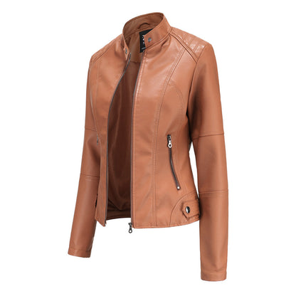 Elegant Faux Leather Moto Jacket for Women with Stand Collar Long Sleeve Zip Front Cropped Style