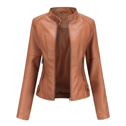 Elegant Faux Leather Moto Jacket for Women with Stand Collar Long Sleeve Zip Front Cropped Style