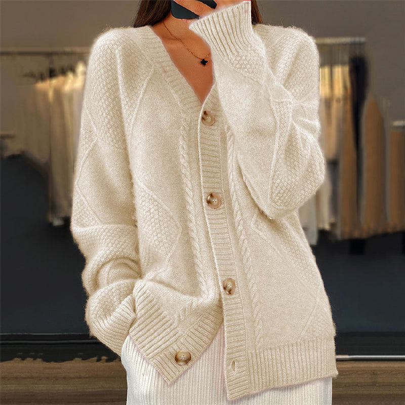 Comfortable Cable Knit Cardigan for Women with V Neck Long Sleeve Button Front Relaxed Oversized Style