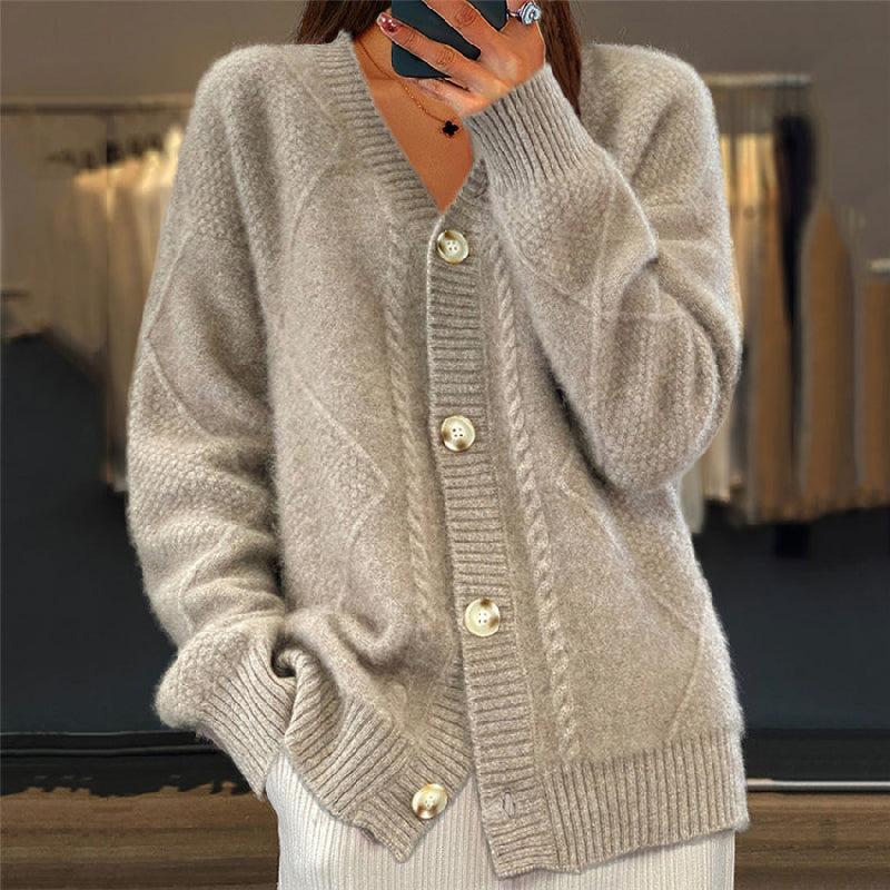 Comfortable Cable Knit Cardigan for Women with V Neck Long Sleeve Button Front Relaxed Oversized Style