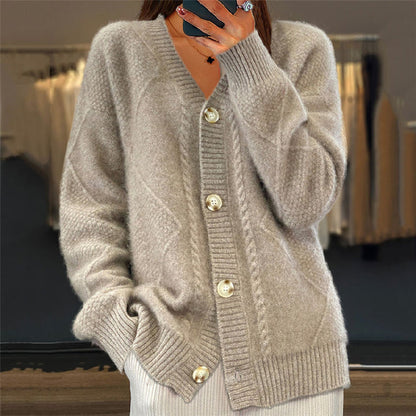 Comfortable Cable Knit Cardigan for Women with V Neck Long Sleeve Button Front Relaxed Oversized Style