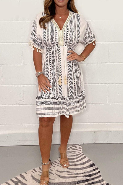 Effortless Tribal Print Kaftan Dress for Women with V Neck Half Sleeve Tassel Trim Flowing Bohemian Style