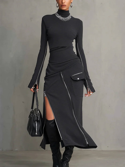 Stylish Dark Grey Turtleneck Two Piece Set for Women with Zipper Pocket Skirt