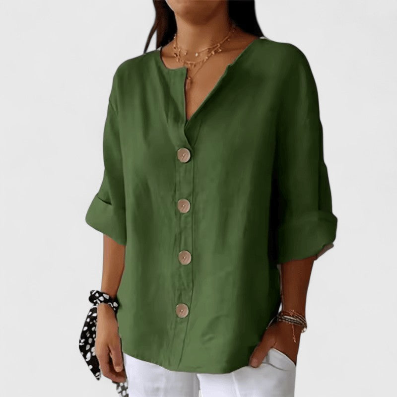 Effortless Linen Blouse for Women with V Neck Elbow Sleeve Button Front Relaxed Style