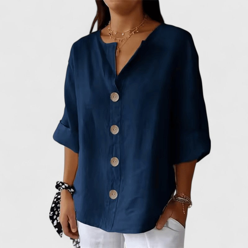Effortless Linen Blouse for Women with V Neck Elbow Sleeve Button Front Relaxed Style