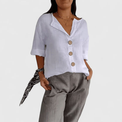 Effortless Linen Blouse for Women with V Neck Elbow Sleeve Button Front Relaxed Style
