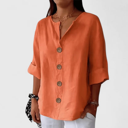 Effortless Linen Blouse for Women with V Neck Elbow Sleeve Button Front Relaxed Style