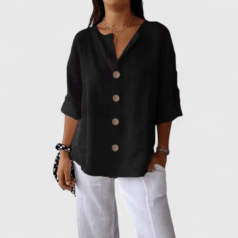 Effortless Linen Blouse for Women with V Neck Elbow Sleeve Button Front Relaxed Style