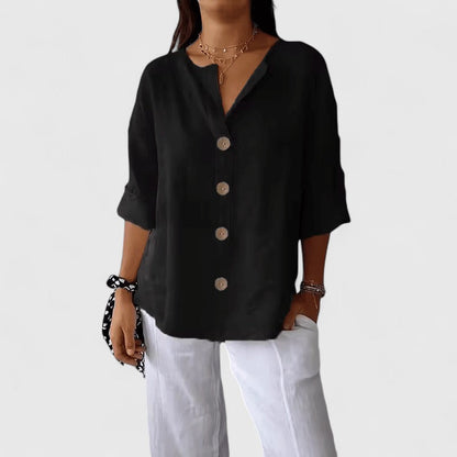 Effortless Linen Blouse for Women with V Neck Elbow Sleeve Button Front Relaxed Style